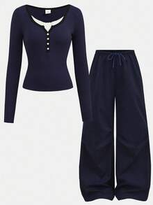 Girlism Teen Girls Navy Blue Ribbed Long Sleeve Mock Neck Contrast Trim Button Design Tight Fit Turtleneck Top And Wide Leg Pleated Pants Casual Street Chic Two Pieces Set Fall Winter