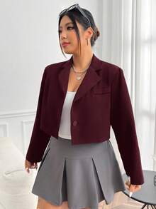 SHEIN EZwear 秋冬加大码酒红色单排扣优雅办公室长袖西装外套 - 酒紅色 - 查看 3