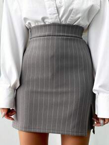 RueChic Vertical Striped Split Skorts - Light Grey - View 2