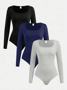 SHEIN Girlism 3pcs/Set Teen Girls' Black, Gray, Navy Crew Neck Solid Color Long Sleeve Snap Front Jumpsuit Romper Outfit, Buy 1 Get 2 Free Fall Winter - Navy Blue - View 1