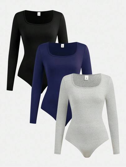 SHEIN Girlism 3 st/set tonårsflickor svart, grå, marinblå rund halsringning enfärgad långärmad jumpsuit med tryckknappar framtill, köp 1 få 2 gratis