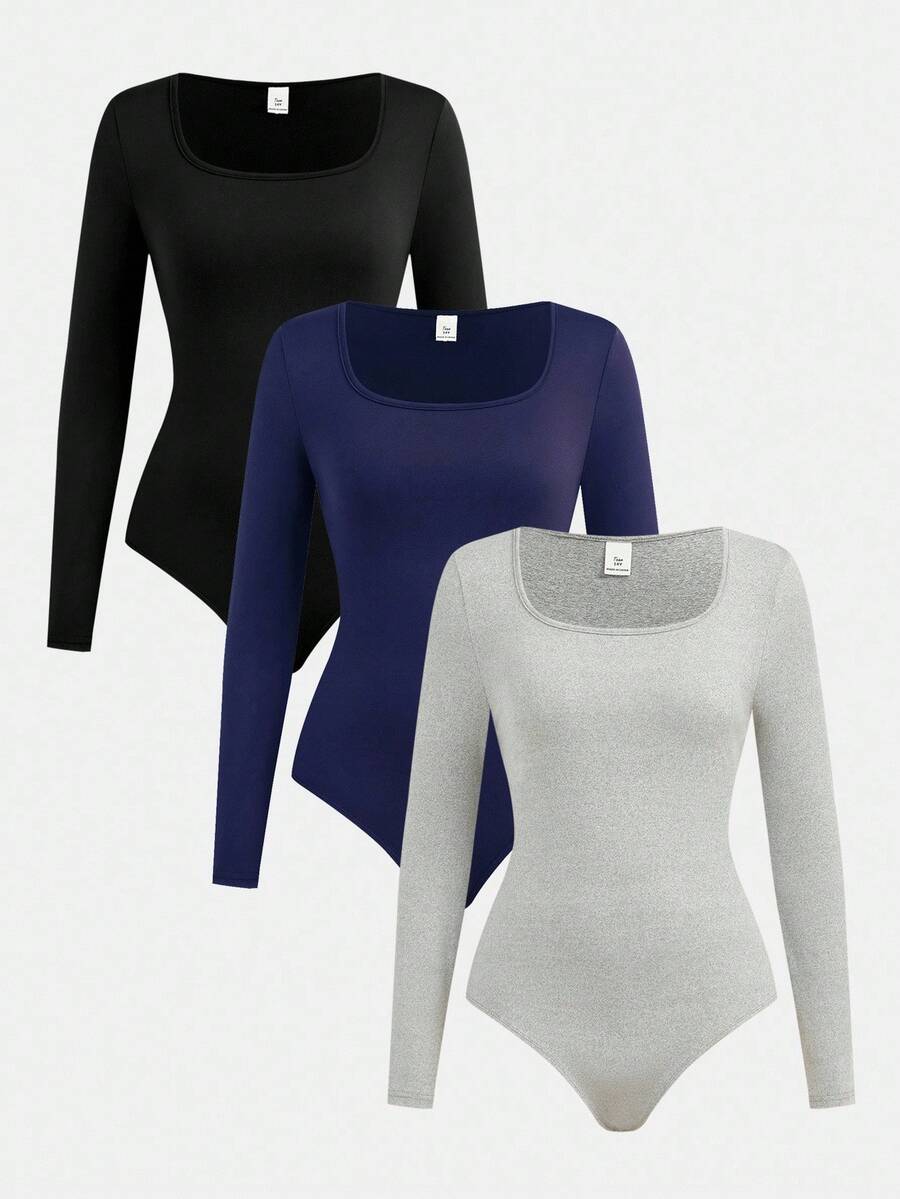 SHEIN Girlism 3pcs/Set Teen Girls' Black, Gray, Navy Crew Neck Solid Color Long Sleeve Snap Front Jumpsuit Romper Outfit, Buy 1 Get 2 Free Fall Winter - Navy Blue - View 1