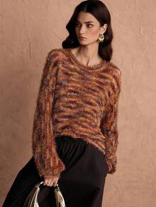 SHEIN Unity Fashionable Colorful Striped Crew Neck Fuzzy Long Sleeve Sweater - Multicolor - View 3