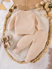 SHEIN 2 件套女婴针织开衫毛衣和裤子套装，米色/卡其色，百搭日常时尚，适合秋冬 - 杏色 - 查看 2