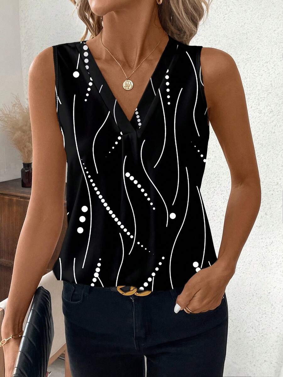 SHEIN Clasi Áo sơ mi sọc đen không tay cổ chữ V dành cho nữ, phù hợp để mặc đi làm và mặc hàng ngày, áo không tay - màu đen - Xem 1