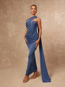 Lumalex Women's Elegant Dusty Blue Summer Party Night Wedding Guest Dress,Asymmetric Neck Ruched Draped Metal Decor Banquet Modest Glitter Holiday Glamour - Dusty Blue - View 8