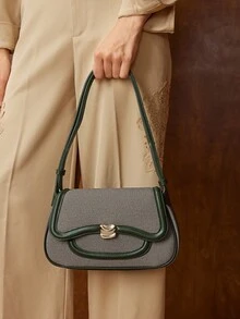 MOTF PREMIUM 1PC WOMEN'S SHOULDER BAG, COMMUTE STYLE, FAUX FABRIC TEXTURE WITH PU LEATHER - Olive Green - View 7