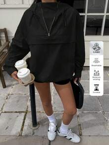 SHEIN EZwear 黑色连帽风衣夹克，落肩半透明梭织面料，四分之一拉链套头衫，女式连帽衫，秋季 - 黑色 - 查看 6