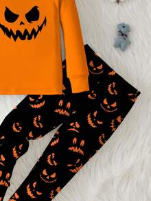 SHEIN 小男孩休闲简约万圣节蜘蛛可爱卡通修身圆领长袖睡衣套装，适合秋冬季 - 彩色 - 查看 5