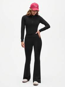 Streetz SHEIN Sport 女士休闲运动纯色拉链上衣和裤子套装 - 黑色 - 查看 1