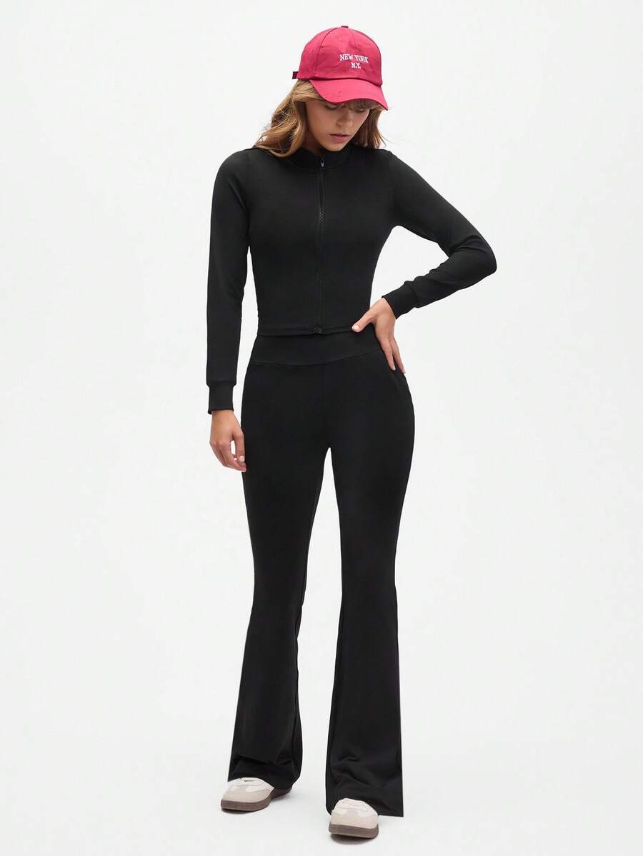Streetz SHEIN Sport 女士休闲运动纯色拉链上衣和裤子套装 - 黑色 - 查看 1