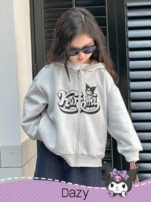 DAZY HELLO KITTY AND FRIENDS | SHEIN 少女拉链连帽羊毛印花卫衣，秋冬 - 淺灰色 - 查看 6