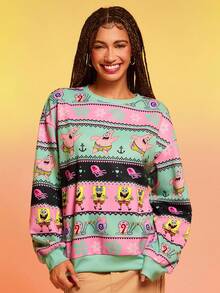 SpongeBob SquarePants | SHEIN Women's Casual Cartoon Pattern Color Block Crew Neck Long Sleeve Sweatshirt, Fall/Winter Pullover Outfit Christmas Cute Sweatershirt