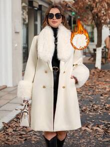 Reflora White Elegant Semi Formal Curvy Plus Size Women's Furry Collar Double-Breasted Overcoat,Warm Soft Long-Sleeved Overcoat With Inner Pockets,Autumn 2025 - Apricot - View 2