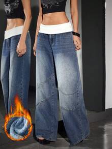 SHEIN Unity Women's Super Low Waist Loose Fit Thermal Lined Wide Leg Jeans - Blue - View 6