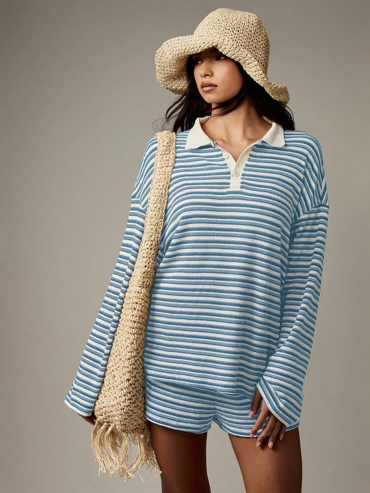 MISSGUIDED Luźny zestaw koszulek i spodenek w paski retro w stylu rugby, elegancki, letni, plażowy, wypoczynkowy, przy basenie