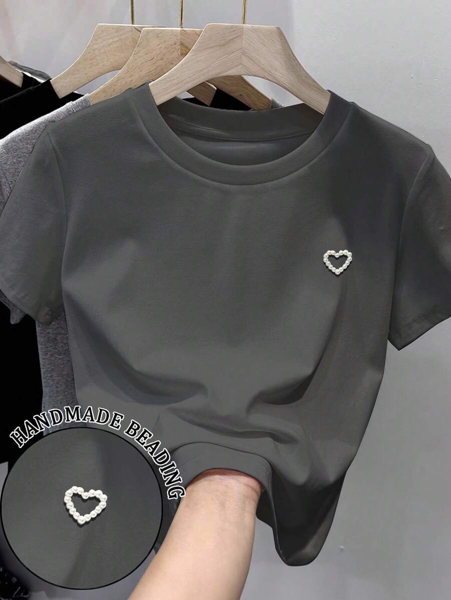 SHEIN 女式休闲圆领短袖T恤,仿珍珠心形装饰 - 深灰色 - 查看 1