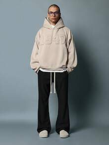 SUMWON Áo hoodie chui đầu phong cách đại học cổ điển 1947 cỡ lớn với thiết kế đính nổi cổ điển, vừa vặn thoải mái cho phong cách thể thao mùa thu đông, thời trang đường phố - Màu Khaki - Xem 3