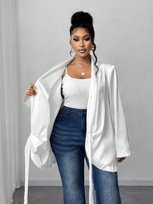 Maweii 加大码白色系带修身正装外套，适合工作和休闲穿着 - 白色 - 查看 5