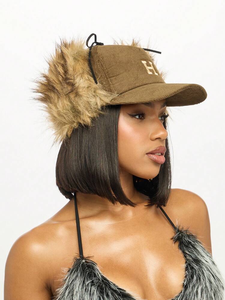 SUMWON WOMEN Corduroy Baseball Cap With Faux Fur Ear Warmers