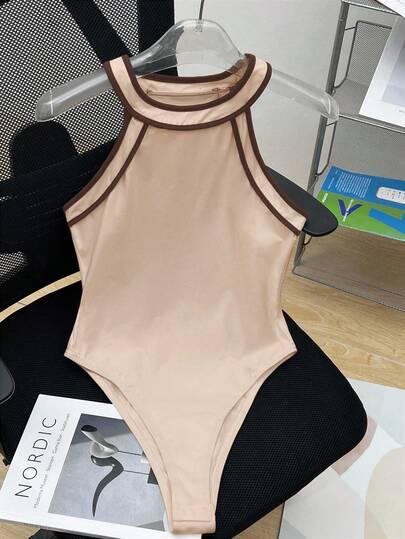 SHEIN LUNE Body con cuello halter y ribete de color contrastante, body casual deportivo para mujer