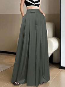 SHEIN EZwear 春夏大码百褶休闲阔腿裤 - 灰色 - 查看 4