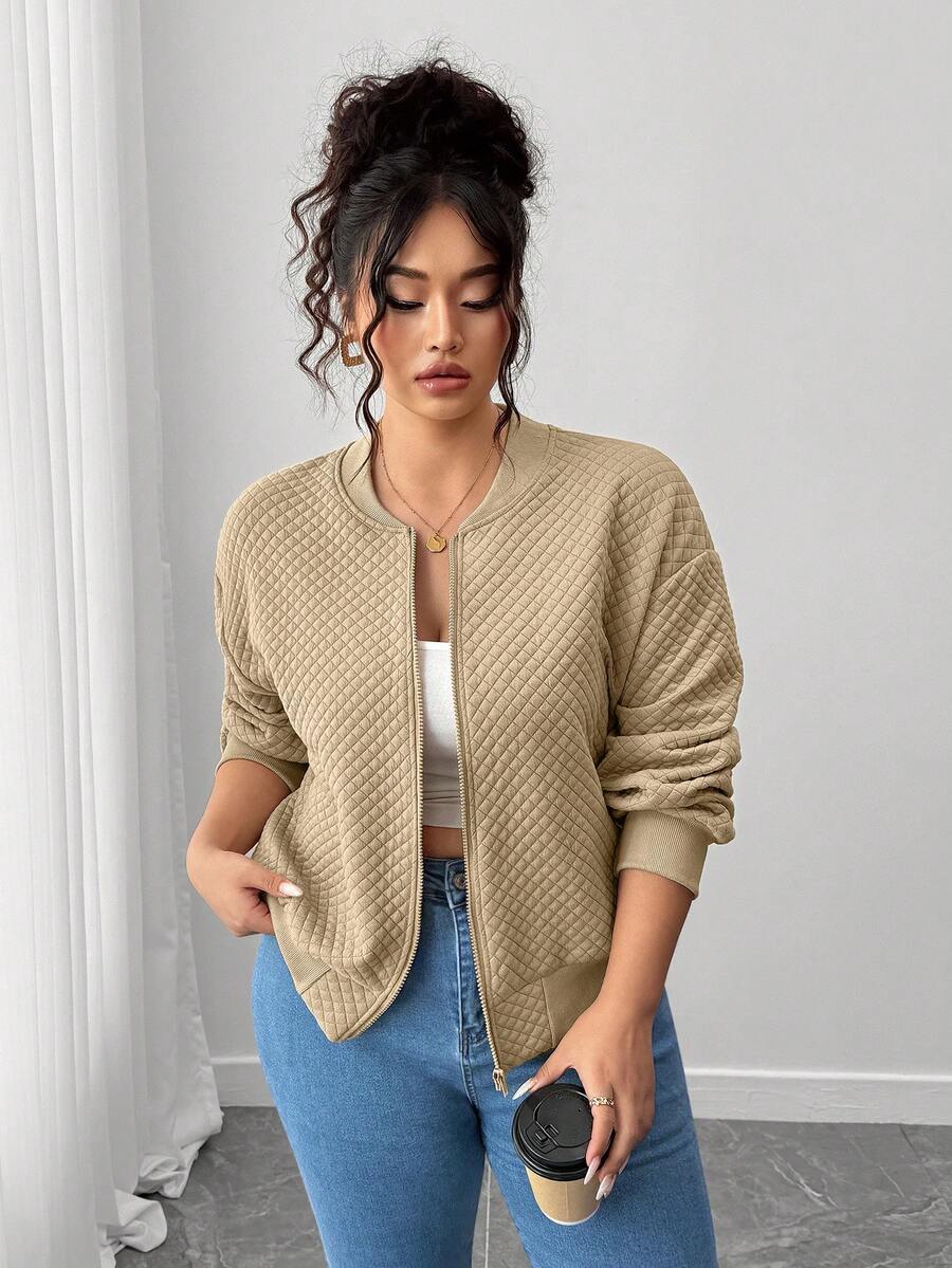 SHEIN PETITE CURVE Plus Size Casual Solid Color Jacket, Autumn/Winter Fall - Apricot - View 1