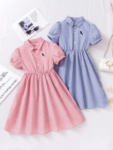 Bộ 2 váy/bộ tay ngắn cổ sọc xanh thêu eo cho bé gái & váy cổ sọc xanh eo - Nhiều màu - Xem 1