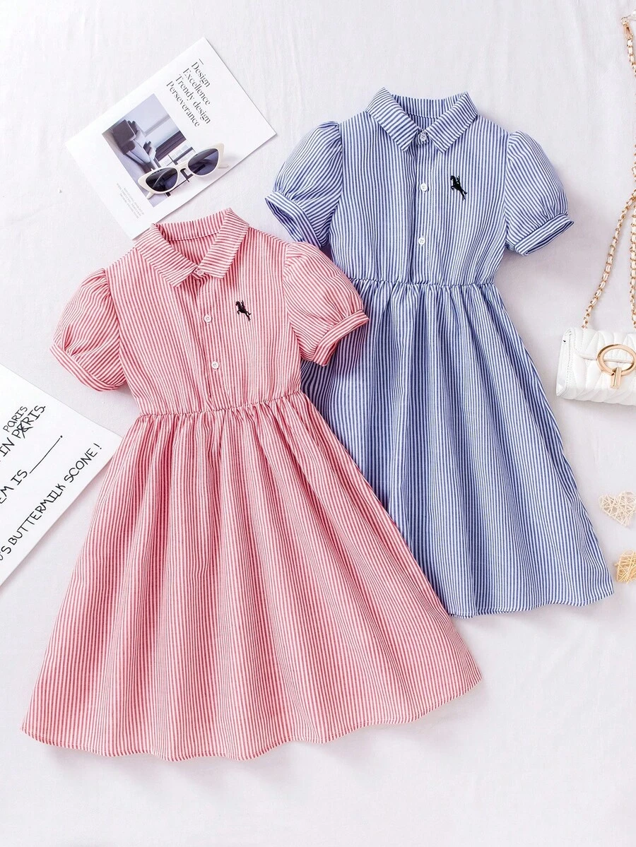 Bộ 2 váy/bộ tay ngắn cổ sọc xanh thêu eo cho bé gái & váy cổ sọc xanh eo - Nhiều màu - Xem 1