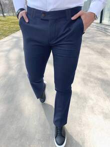 Manfinity Mode Men Slant Pocket Suit Pants Without Belt, Men's Dress Pants, Men Slim Fit Pants, Dark Blue Pants, Men's Stretchy Dress Pants - Navy Blue - View 3