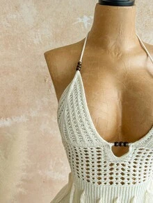 Soleia Soleia Women's Holiday V-Neck Hollow Out Wooden Bead Fitted Knit Dress With Tassel Hem, Spaghetti Strap Tie Back Knit Maxi Dress For Vacation, Date, Afternoon Tea, Party, Beach, Cruise, Island, Road Trip, Wedding, Music Festival, Boho Vacation, Beach Outfit, Can Be Worn Inside Or Outside