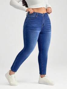 SHEIN BASICS Plus Size Blue Stretch Skinny Jeans/ Summer - Dark Wash - View 5