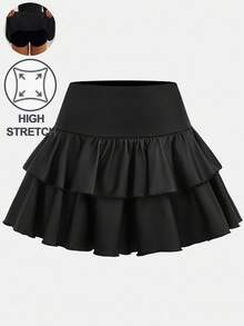 Girlism Váy xòe viền đen cho bé gái, thường ngày, thể thao, trường học, trở lại trường, váy ngắn bằng da PU, mùa xuân và mùa hè - màu đen - Xem 3