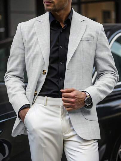 Manfinity Mode Men's Casual Blazer Jacket With Single-Breasted Lapel, Long Sleeve, Autumn