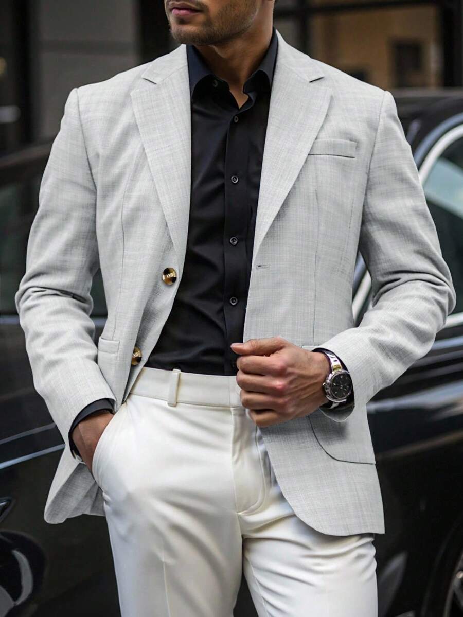 Manfinity Mode Men's Casual Blazer Jacket With Single-Breasted Lapel, Long Sleeve, Autumn - Grey - View 1