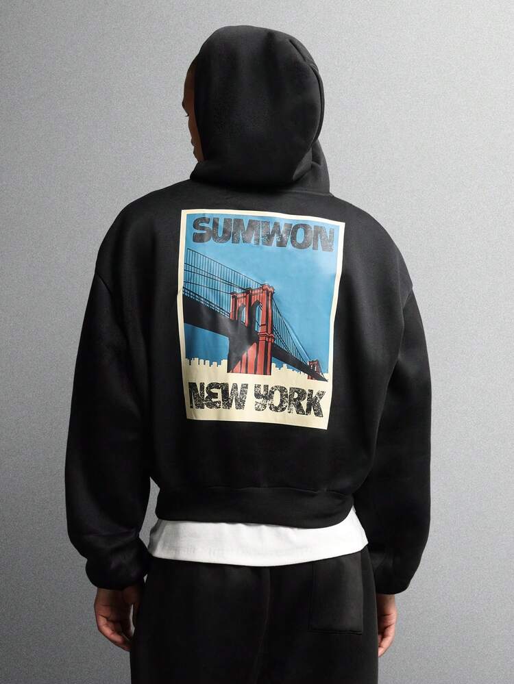 Brooklyn Bridge Print Hoodie With Centre Pocket