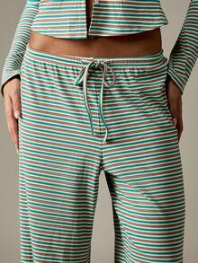 MISSGUIDED Zestaw w paski z guzikami i ściągaczem, długi rękaw, skrócony top, szerokie nogawki, strój domowy, swobodny, jesienno-zimowy, pasujący zestaw - Niebieski - Zobacz 4