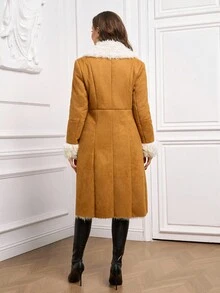 Ellevyn 翻领仿皮草内衬鹿皮绒面革夹克，秋冬舒适 - 棕色 - 查看 7