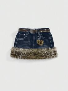 ROMWE Kawaii Y2K 复古豹纹磨边装饰女式迷你低腰半身裙，配腰带配饰 - 深色水洗藍 - 查看 5