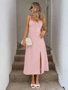 Easowa Ruched Neckline Tie Cinched Waist A-Line High Slit Spring/Summer Light Yellow Spaghetti Strap Midi Dress, Textured Jacquard Fabric, Casual Vacation Elegant Streetwear Pink Dress Maxi Dress Summer Dress Casual Long Dress Vacation Dress