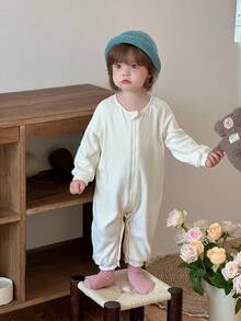 DAZY Baby Girl Solid Color Casual Comfortable Romper - Beige - View 4
