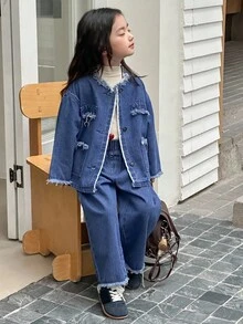 DAZY 2pcs Young Girl Washed Korean Style Brushed Denim Top And Loose Casual Denim Pants Set Fall/Winter - Blue - View 6