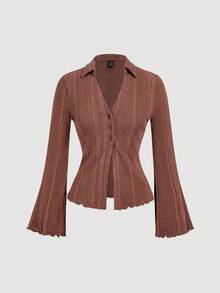 SHEIN MOD Women's Casual Solid Color Bell Sleeve Button Front T-Shirt,Autumn/Winter,Halloween Clothes ,New Year Women's Clothes,Thanksgiving, Warmth,Casual - Brown - View 3