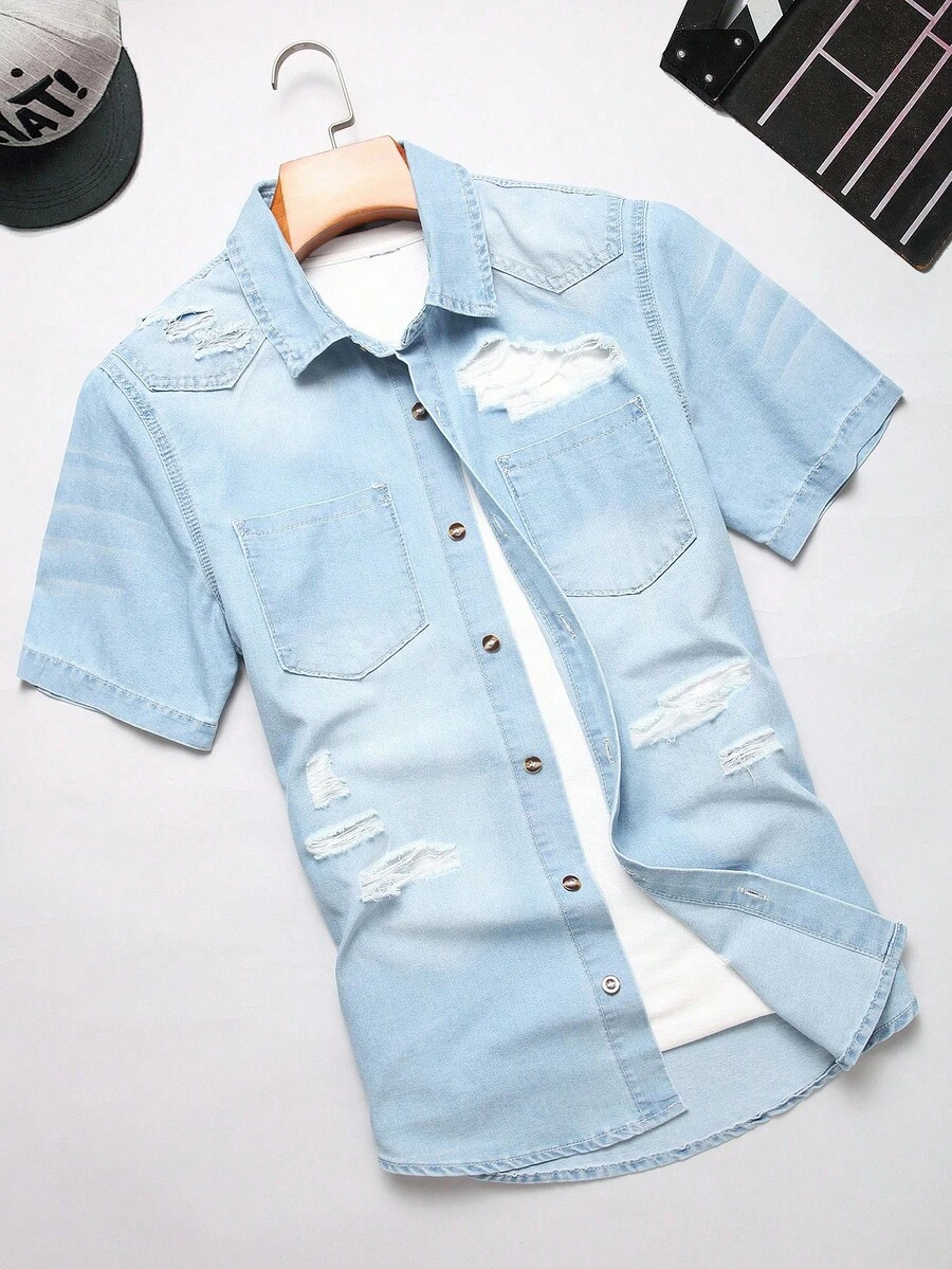 Manfinity Homme Men Ripped Denim Shirt Without Tee - Light Wash - View 1