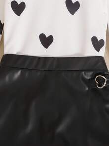 SHEIN Tween Girl Casual Elegant Heart Print Puff Sleeve Round Neck T-Shirt And PU Patch Asymmetrical Hem Heart Metal Button Skort PU Shorts 2 Pieces Set, Black & White PU Shorts Outfit Black And White Clothes For Tween Girls Cute Cheap Clothes Teen Girl Outfits Sets Girls Outfit Sets 13 Cute Outfit Bundles For Teen Girls - Black - View 4