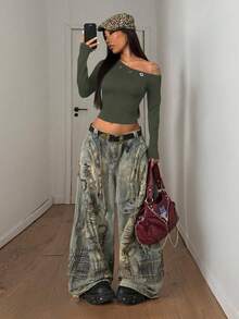 StreetHx Camiseta de manga larga ajustada con decoración de ojales para mujer, otoño temprano