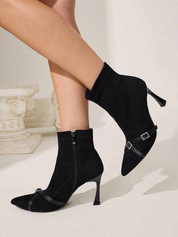 CUCCOO CHICEST French Pointed Toe Fashion Buckle Strap Stiletto Heel Women Short Boots