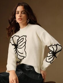 Anewsta Women's Solid Color Casual Handmade 3D Floral Embroidered Knit Pullover Sweater, Suitable For Autumn, Winter, Elegant, Leisure, Formal, Party, Fashionable, New Year, Christmas, Work, Graduation, Wedding - Apricot - View 2