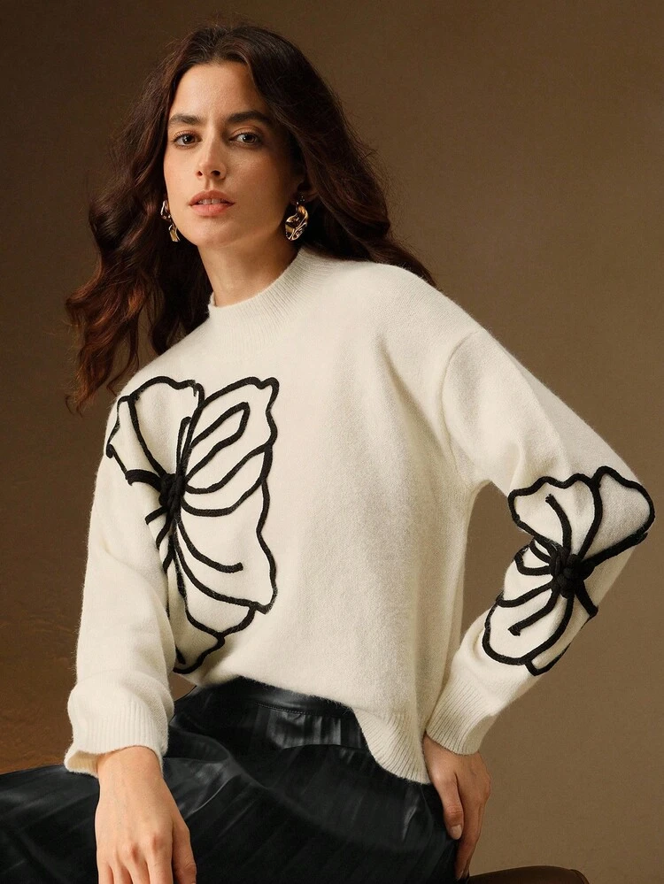Pull en tricot uni décontracté pour femme, brodé de fleurs 3D, fait main, idéal pour l'automne, l'hiver, les occasions élégantes, les loisirs, les occasions formelles, les fêtes, la mode, le Nouvel An, Noël, le travail, l'obtention d'un diplôme ou un mariage.