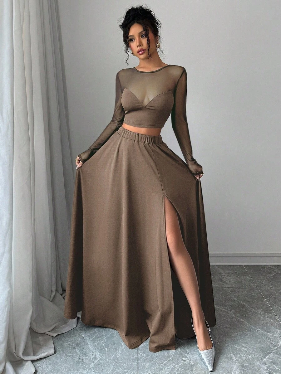 Chiquease 2 件女式网眼拼布 T 恤和长裙套装，极简性感装扮，适合度假、情人节、音乐节、返校、日常穿着、春夏季，长袖 - 卡其色 - 查看 1